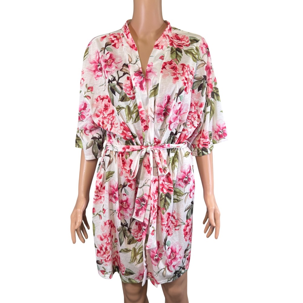 Show Me Your Mumu Pink Floral Short Robe One Size OS White Kimono Tie Waist